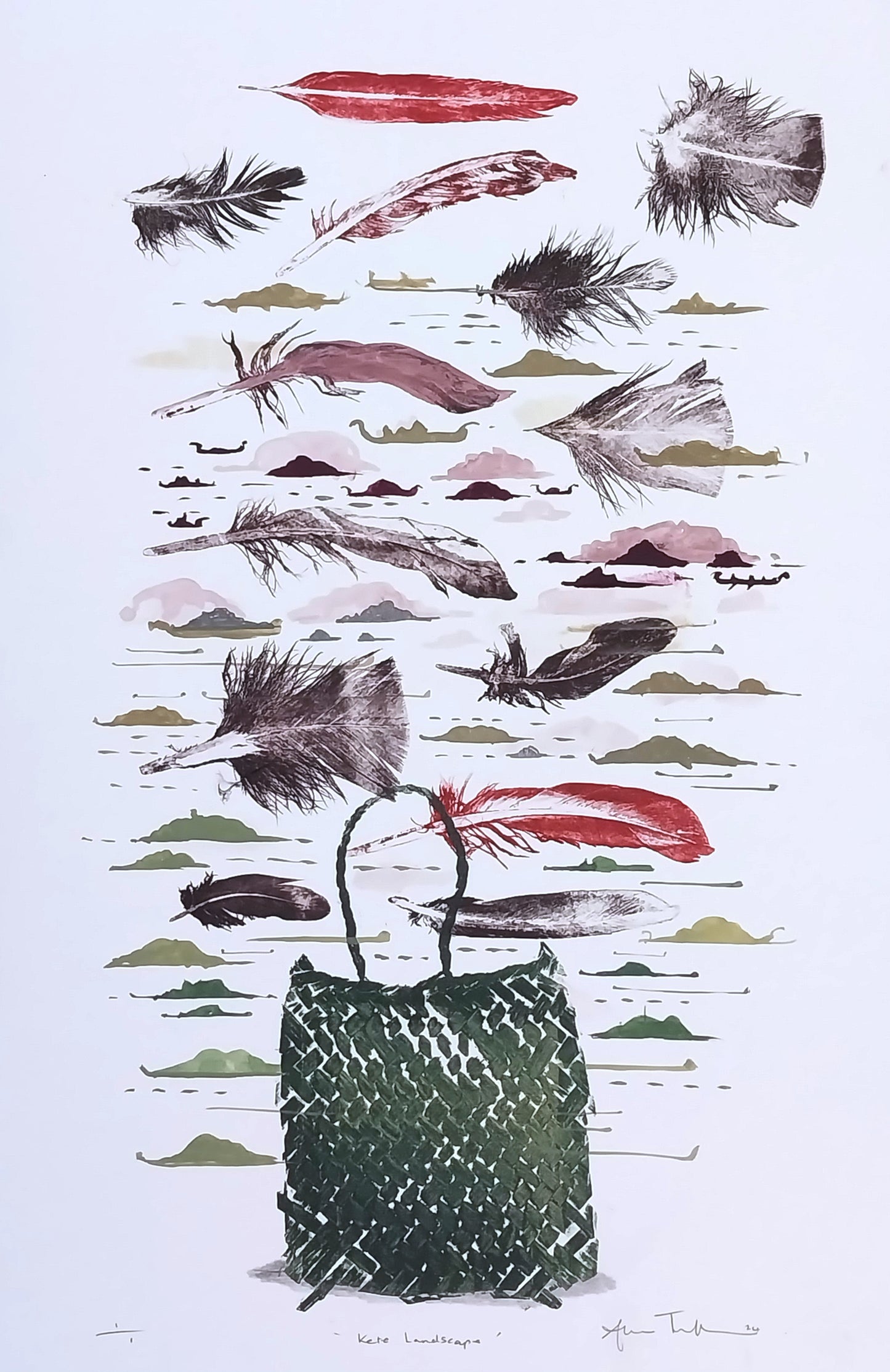 Kete Landscape — Relief print of kete basket form within landscape, by Sheyne Tuffery.