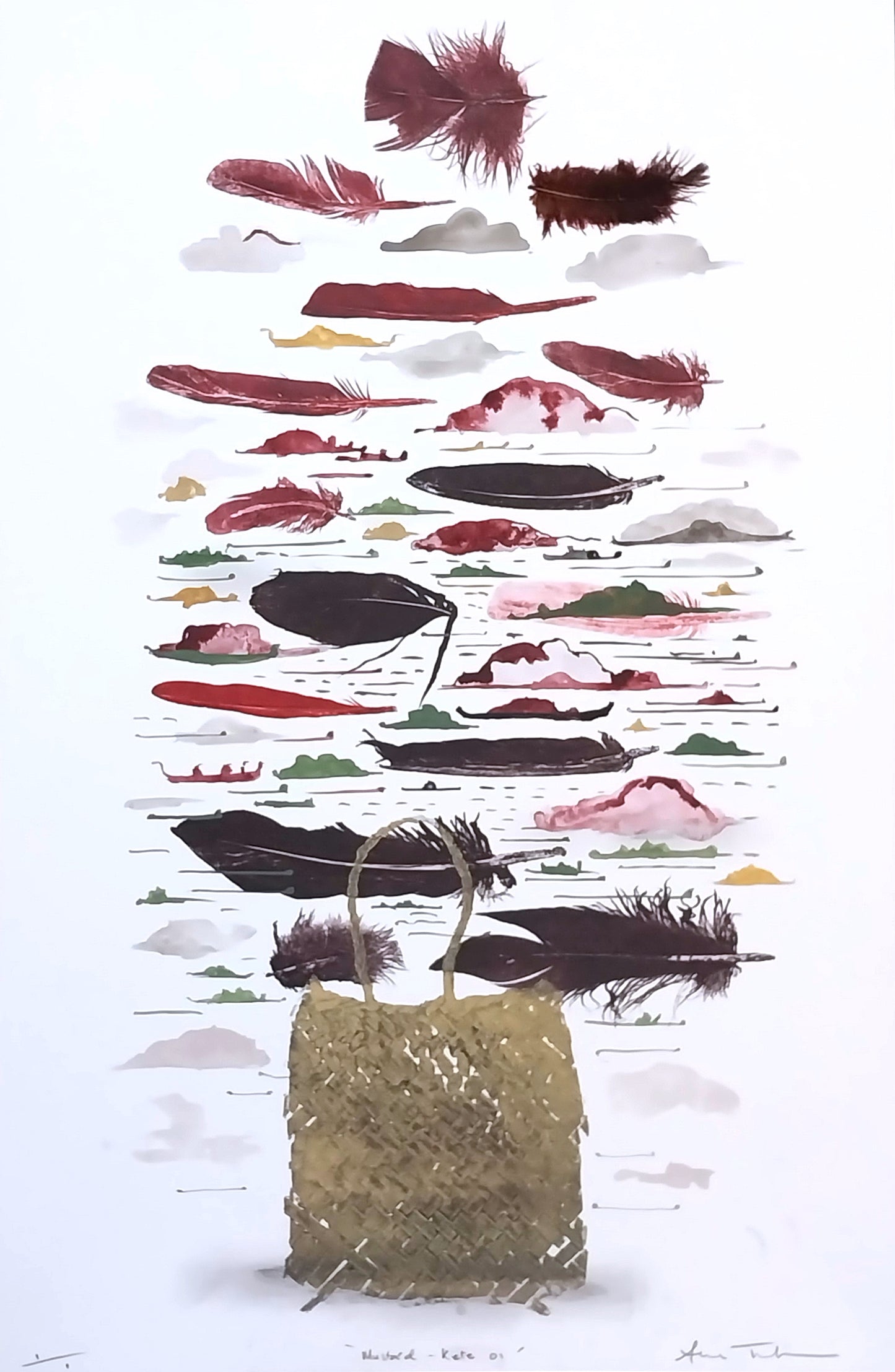 Mustard Kete — woodblock print of kete form in mustard tones, by Sheyne Tuffery.