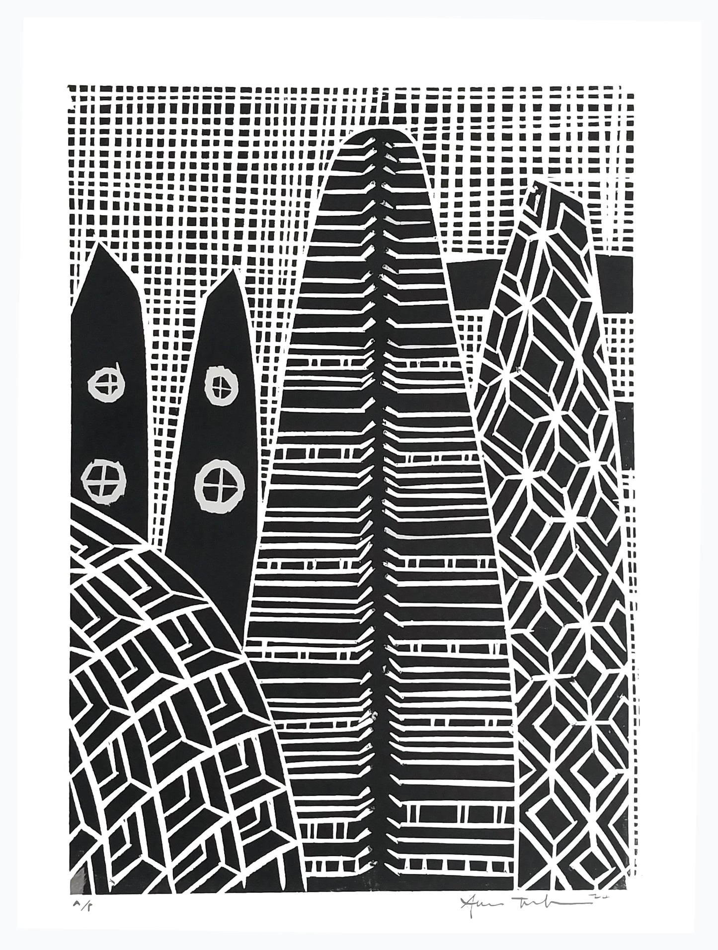 Structures 003 — woodblock print of Pacific architectural structure, by Sheyne Tuffery.