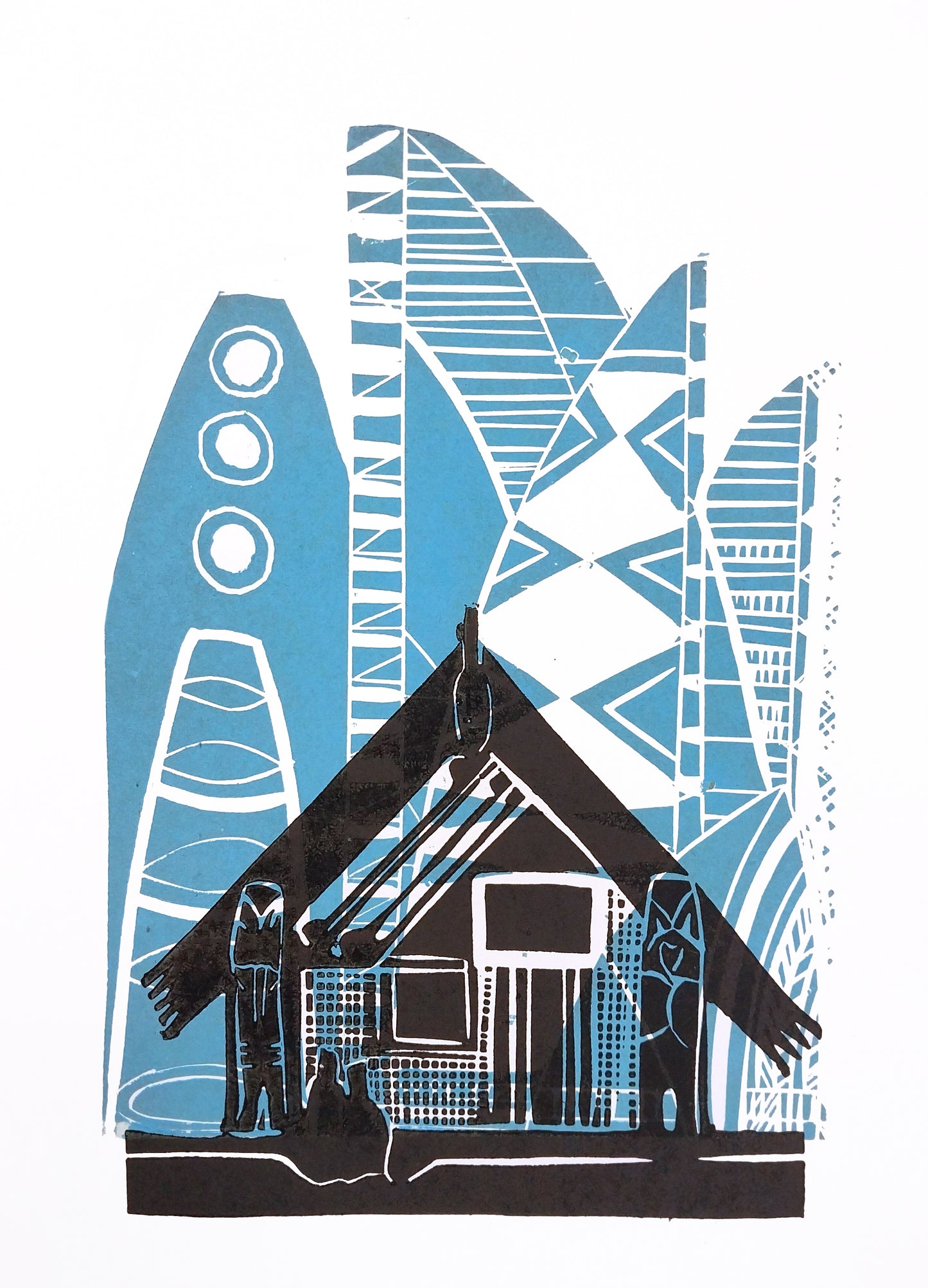 Whare With Structures by Sheyne Tuffery, printmaking
