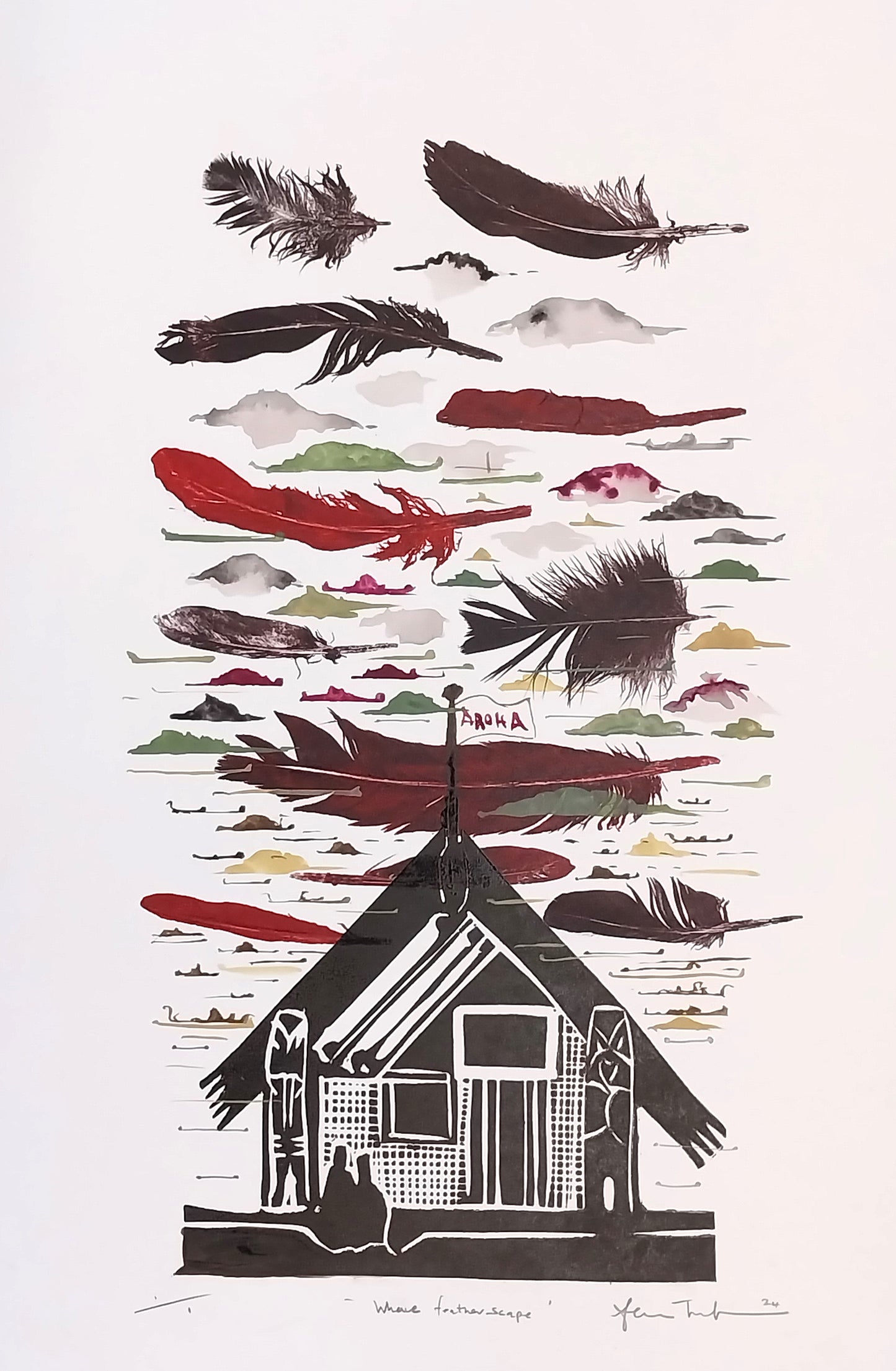 Whare Landscape — woodblock print of architectural form within a natural landscape, by Sheyne Tuffery.