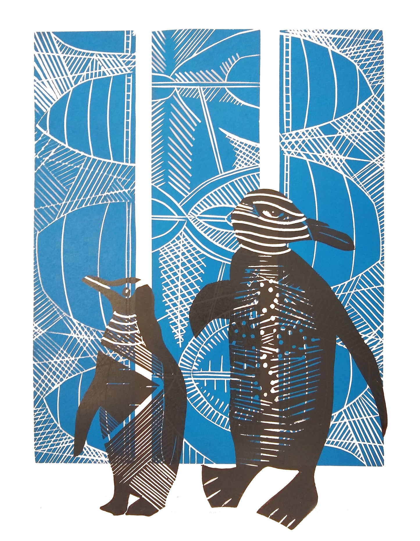 2 Blue Hoi Ho — woodblock print of two hoiho penguins in blue tones, by Sheyne Tuffery.