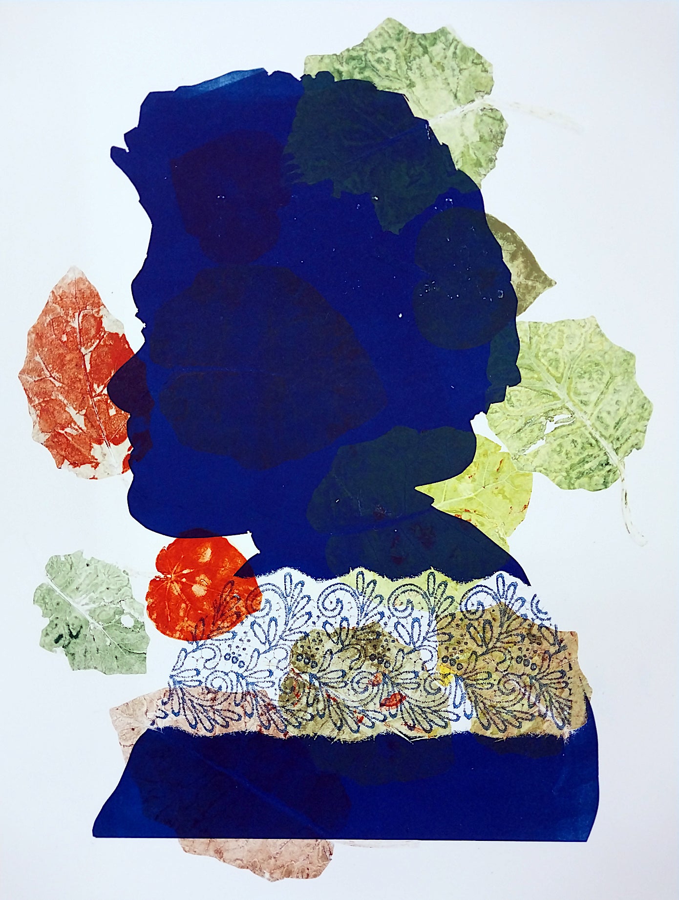 Blue Nature Study — woodblock print combining natural forms with blue palette, by Sheyne Tuffery.
