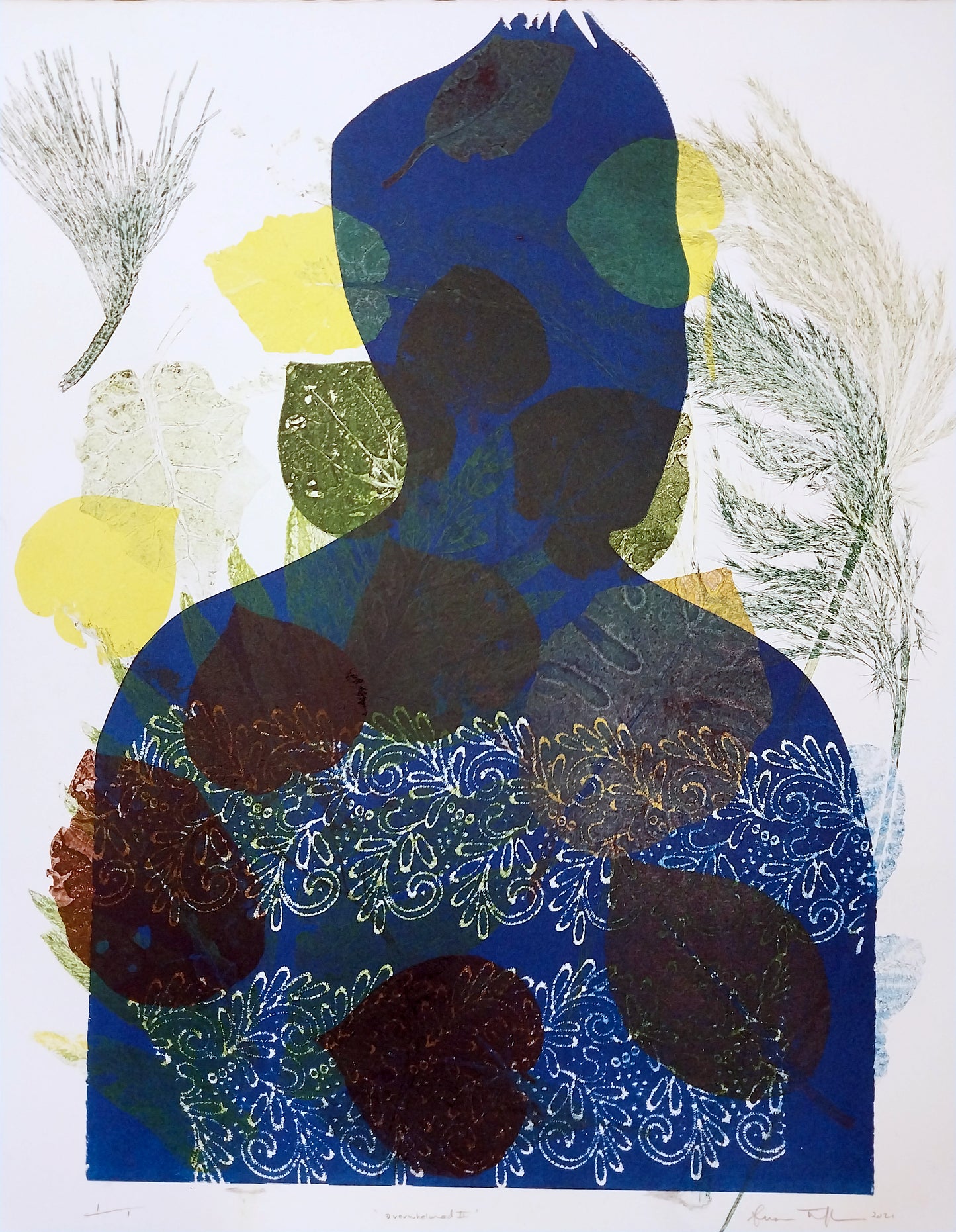 Blue Profile — woodblock print of portrait in blue, by Sheyne Tuffery.