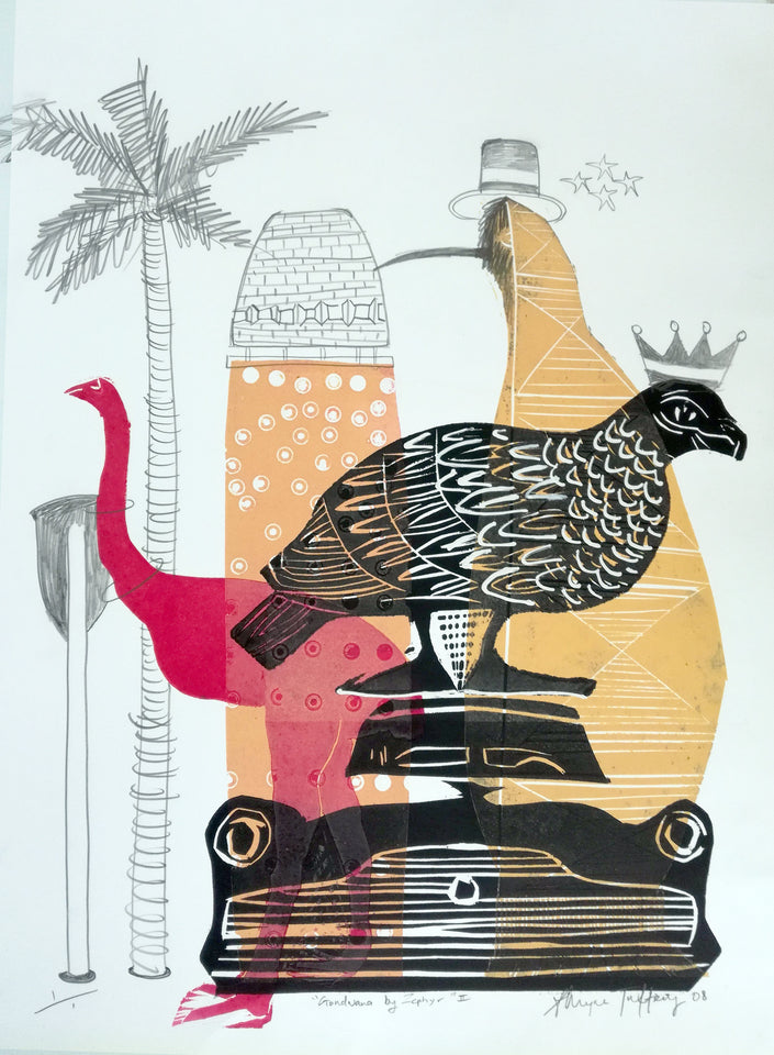 Gondwana by Zephyr II — woodblock print with wind and continental drift themes, by Sheyne Tuffery.