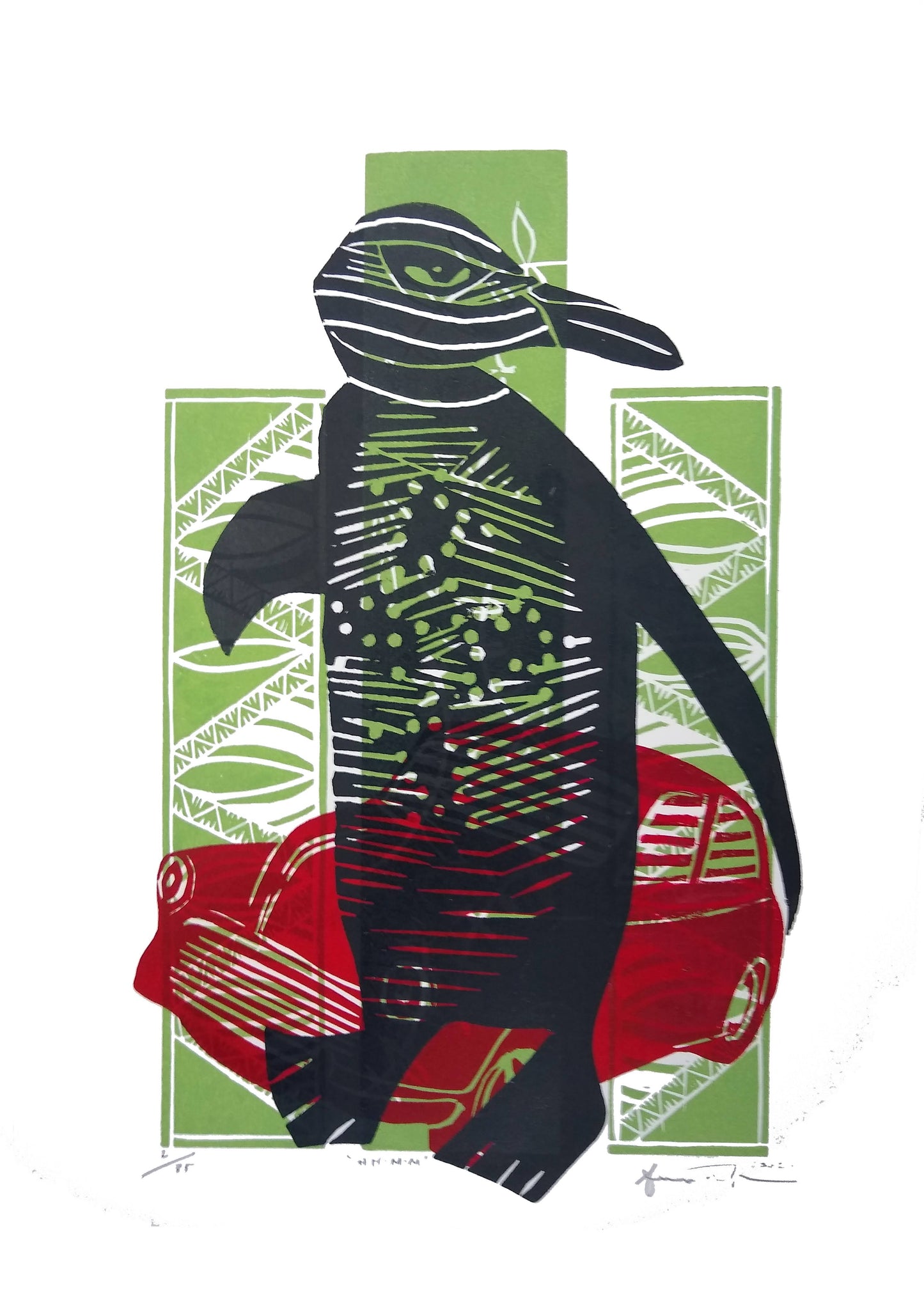 Hoi Ho Morry Minor — woodblock print featuring hoiho penguin and Morris Minor car, by Sheyne Tuffery.