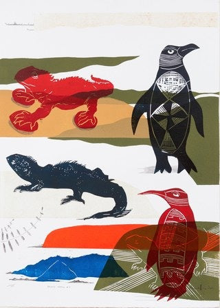 Island Hopper 5 — woodblock print on Pacific migration and voyaging, by Sheyne Tuffery.
