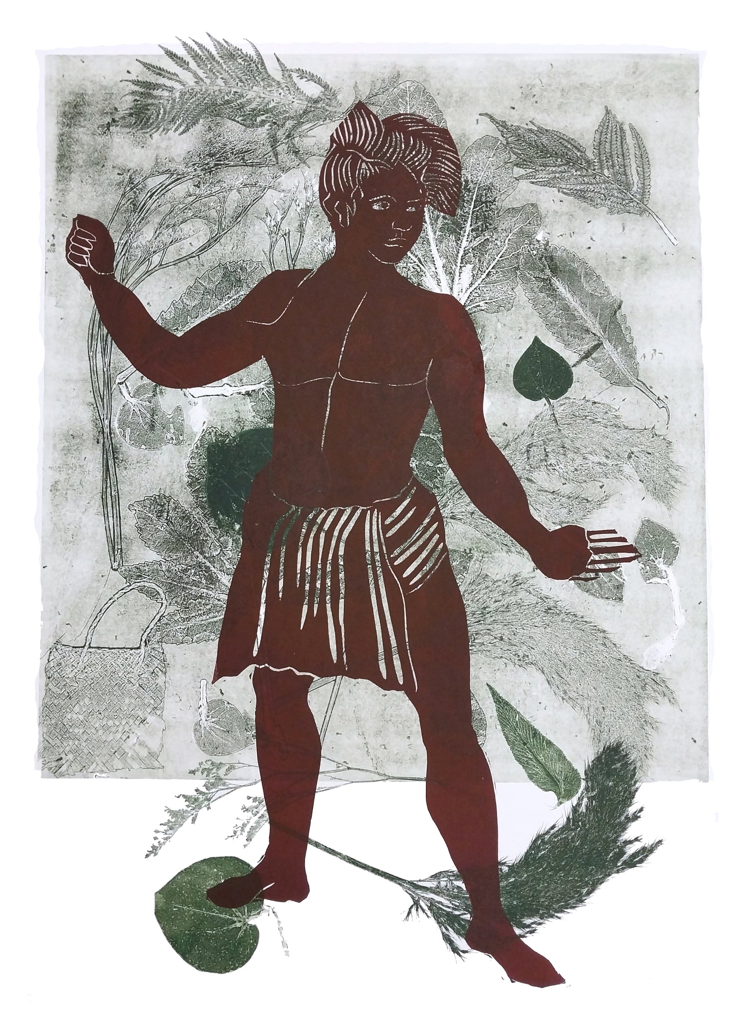Nature Boy — woodblock print blending portraiture and natural motifs, by Sheyne Tuffery.