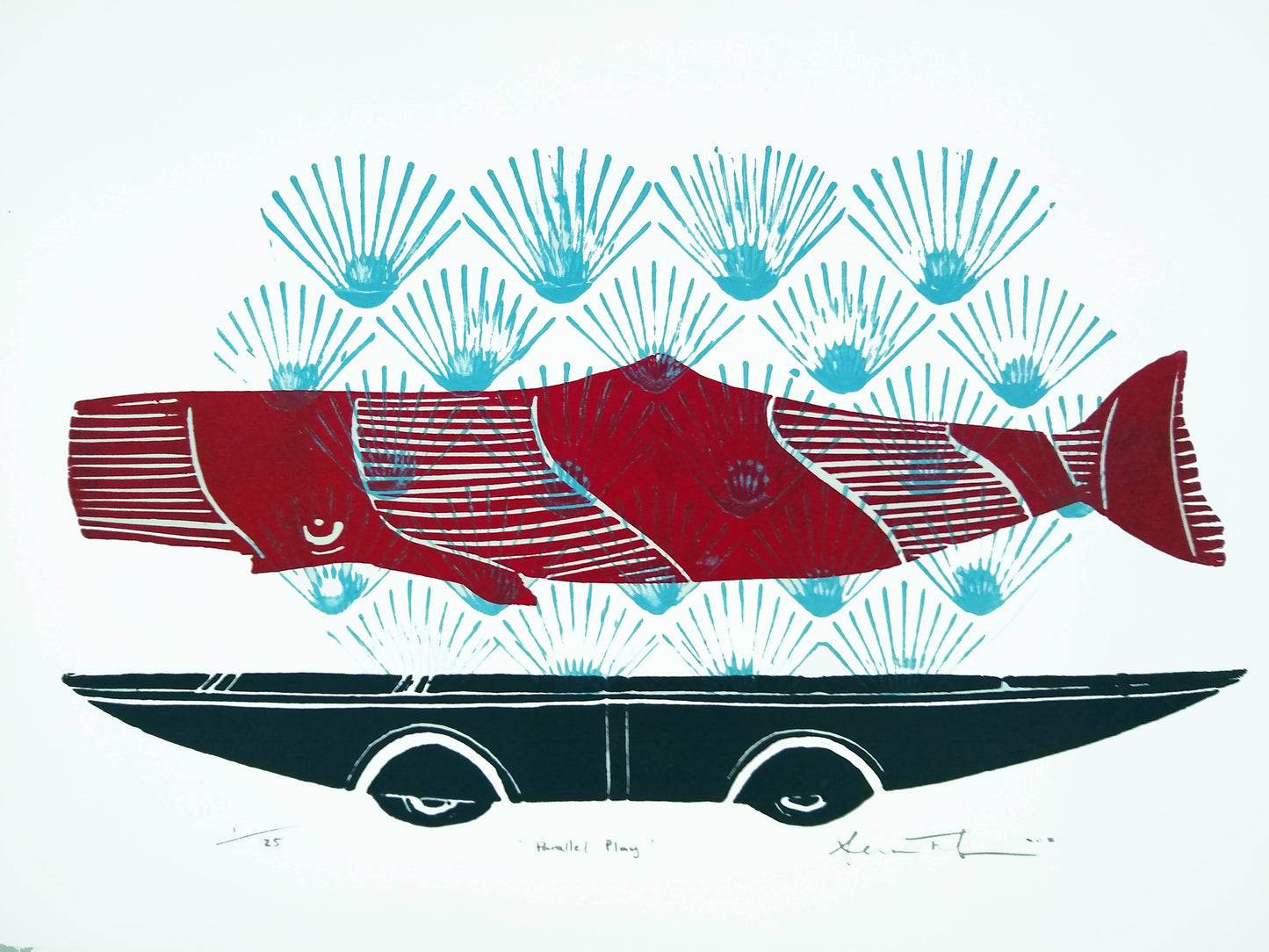 Parallel Play — woodblock print reflecting interaction and separation, by Sheyne Tuffery.