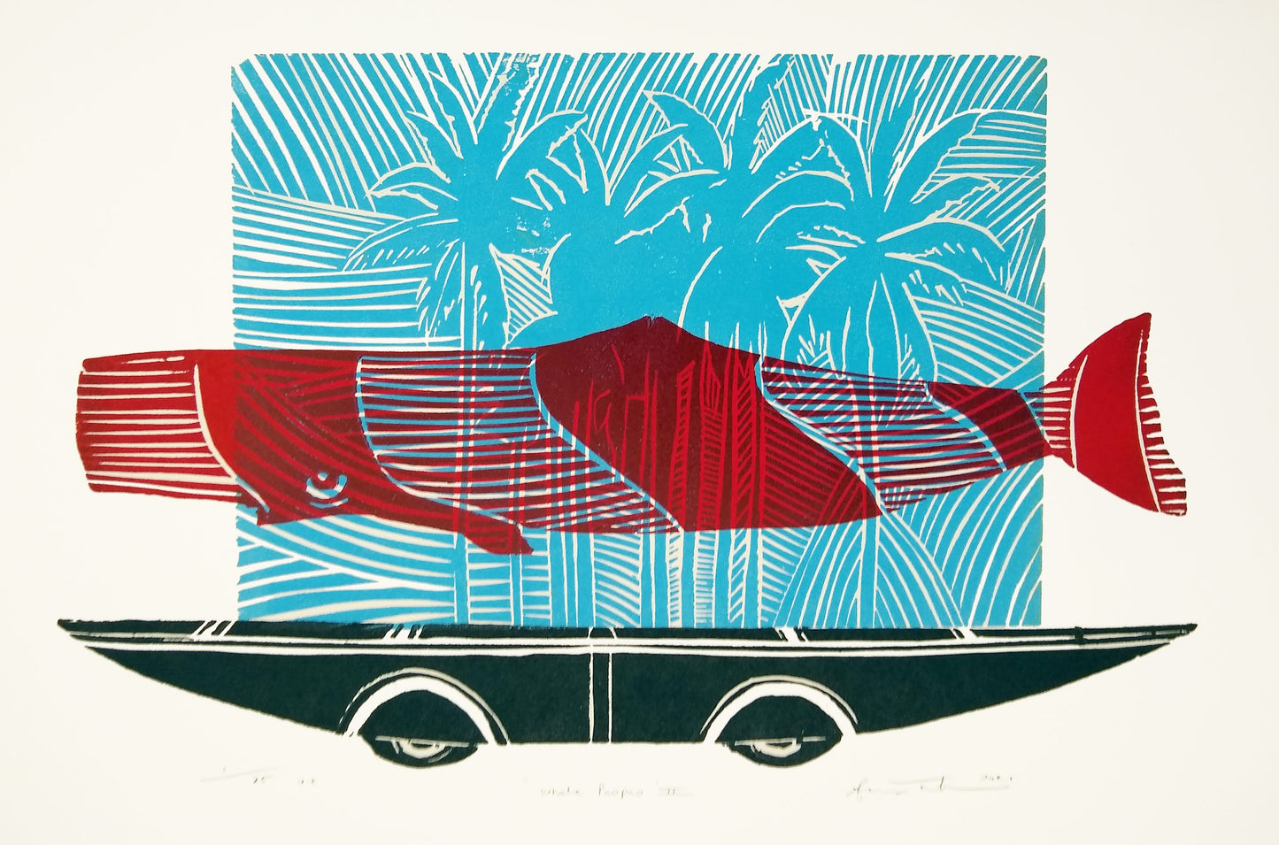 Whale Paopao II — woodblock print featuring whale and Pacific motifs, by Sheyne Tuffery.