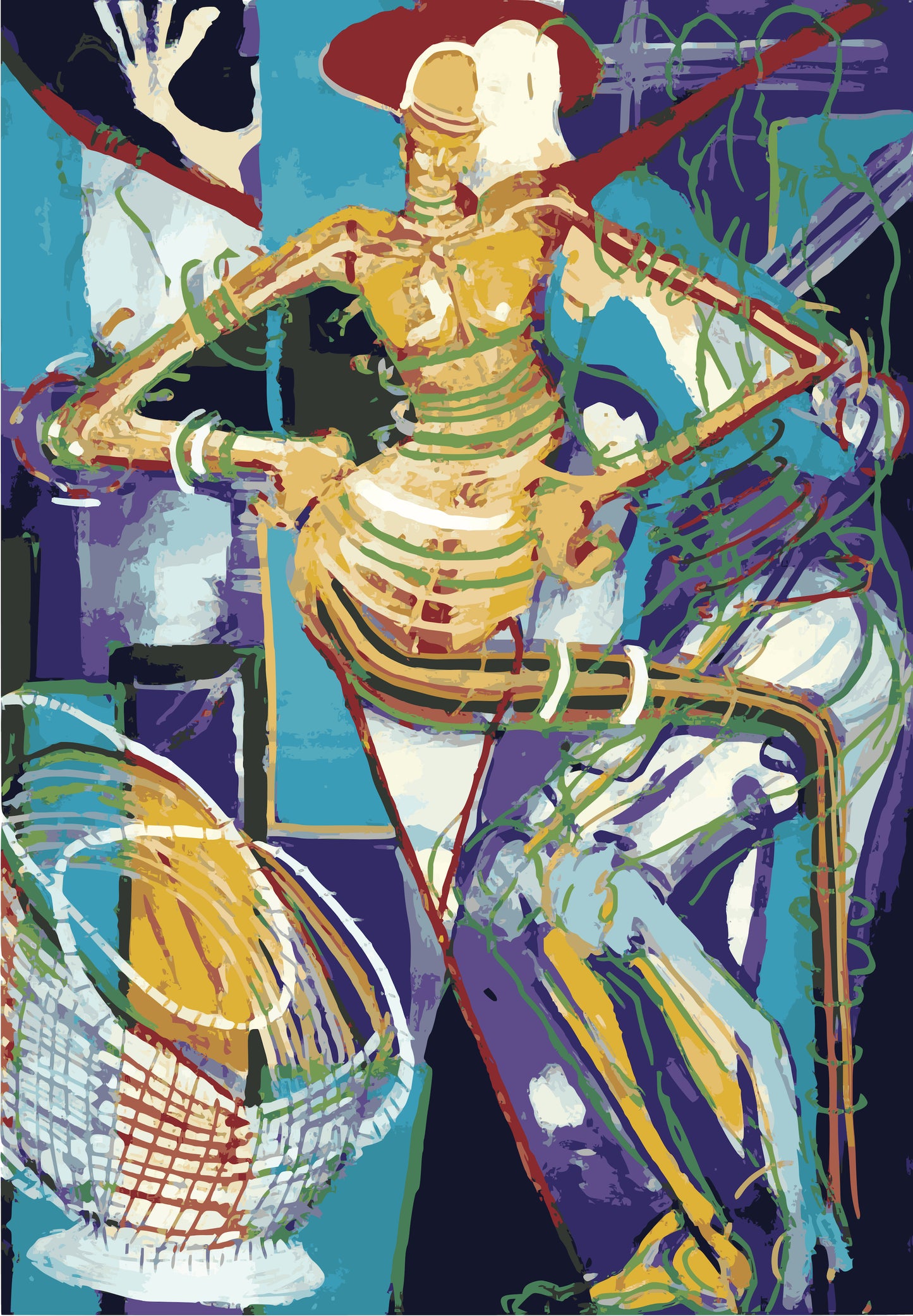 A framed abstract print featuring a stylized, multicolored figure seated, with intricate patterns and text in the background.