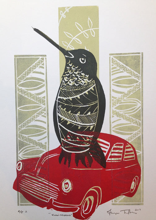 Kingi Minor Waka — woodblock print featuring waka canoe and Pacific motifs, by Sheyne Tuffery.