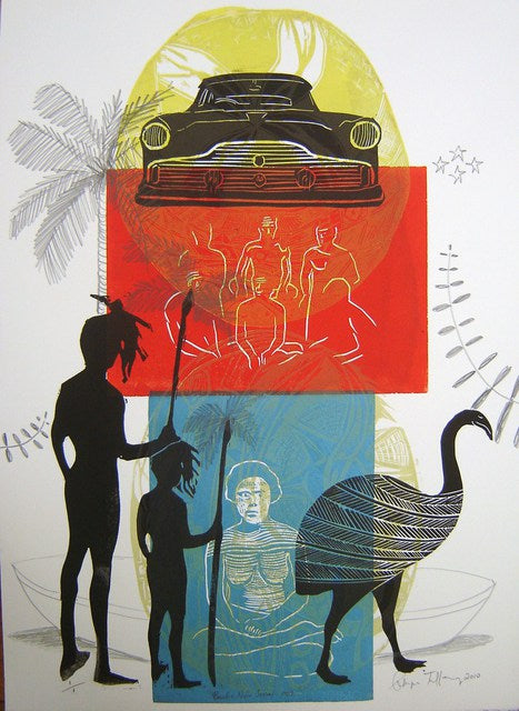 Pacific Noir Series #1 — woodblock print with moody Pacific themes, by Sheyne Tuffery.