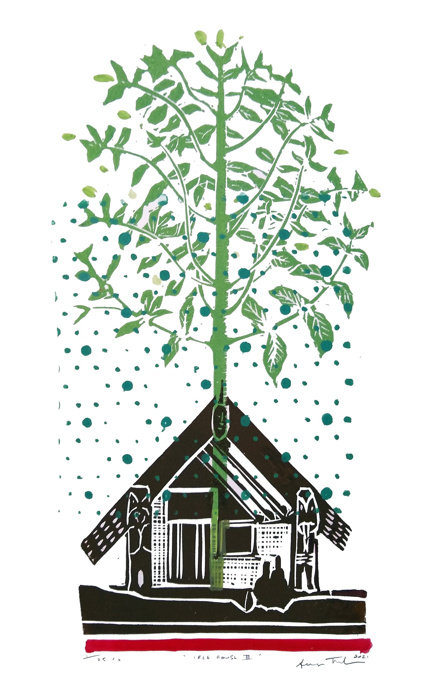 Tree House II — woodblock print of elevated structure among trees, by Sheyne Tuffery.