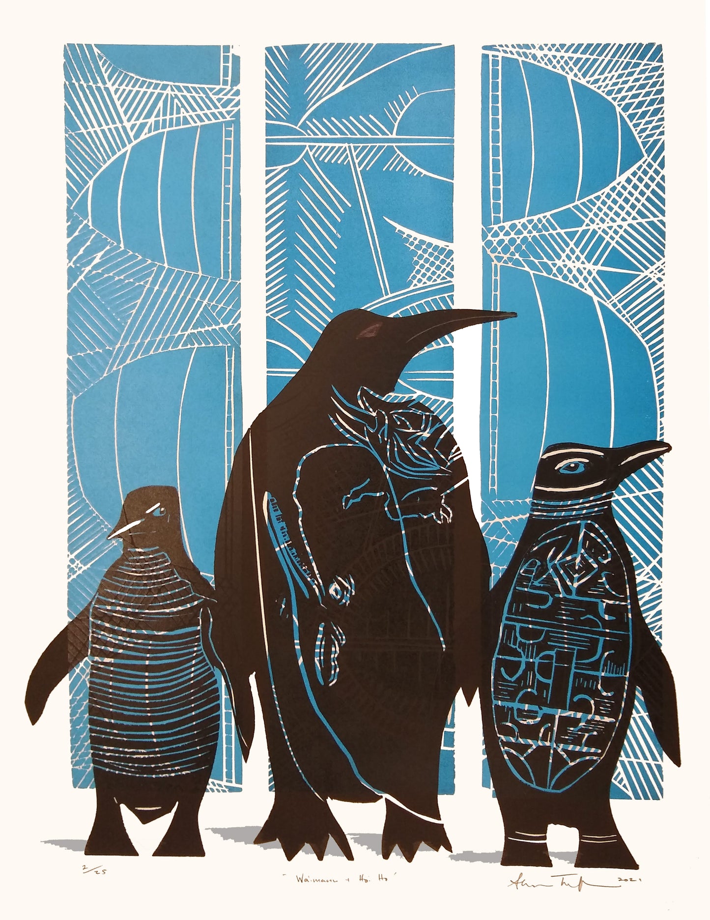 Waimanu and 2 (blue) — woodblock print of prehistoric penguin Waimanu, by Sheyne Tuffery.