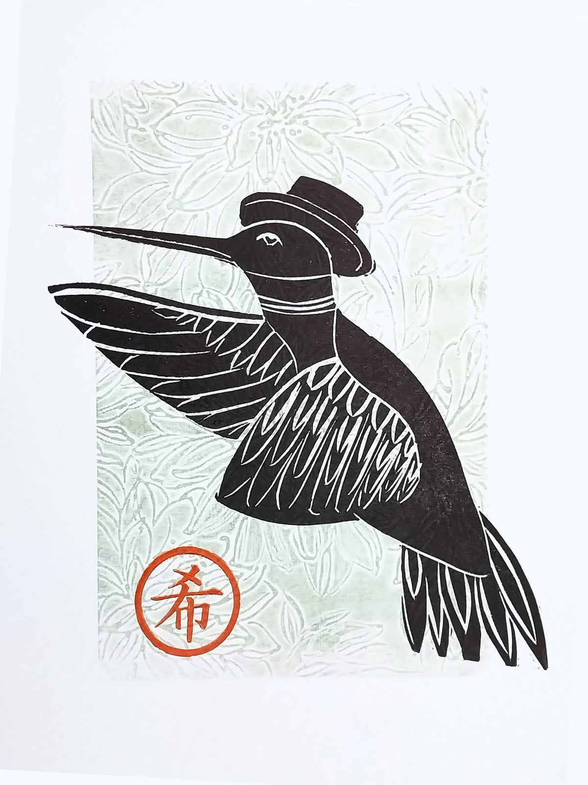 Kingfisher Paleo Penguin (test proof) — woodblock print by Sheyne Tuffery.