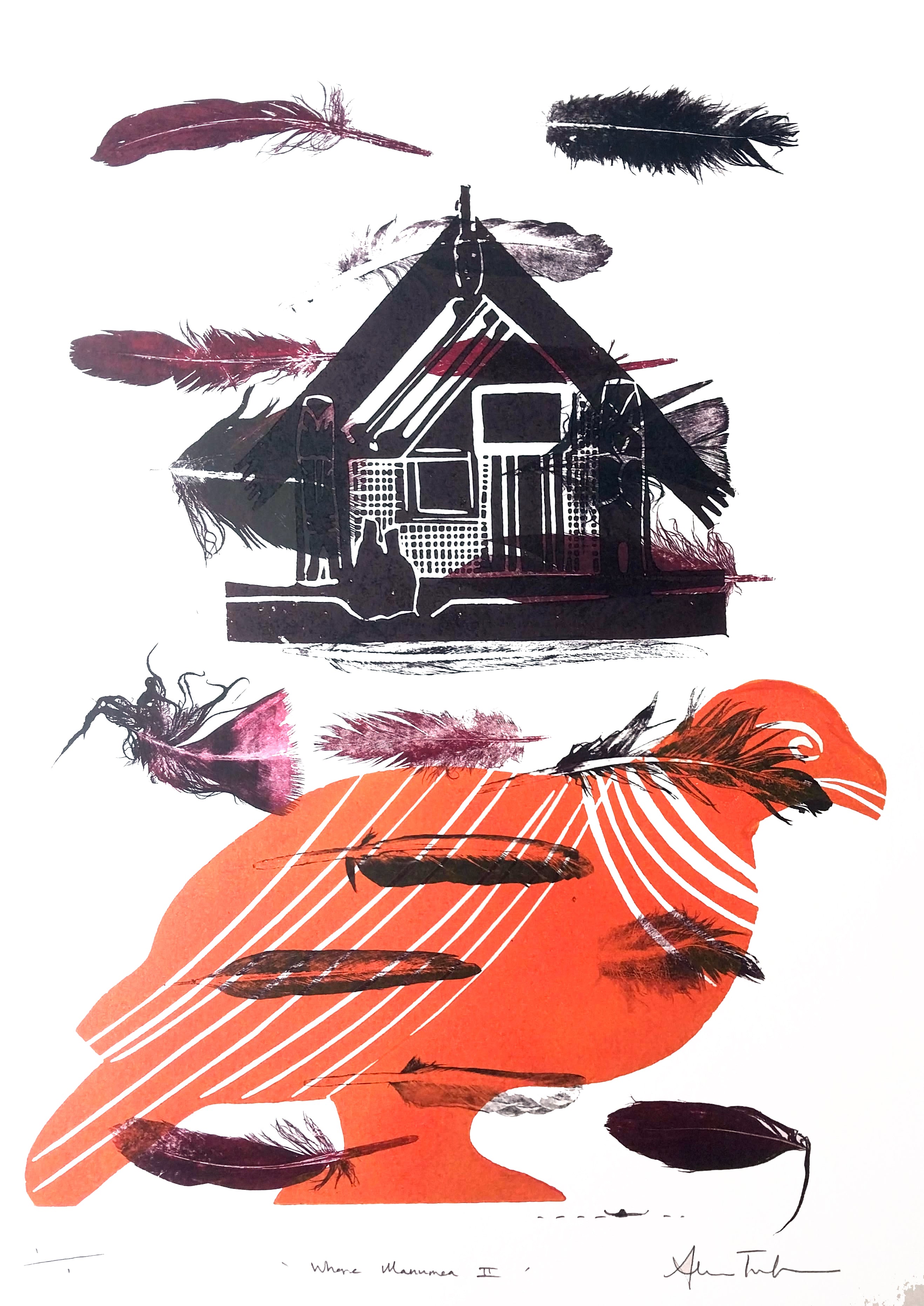 Manumea With Whare by Sheyne Tuffery, Mono Relief Print