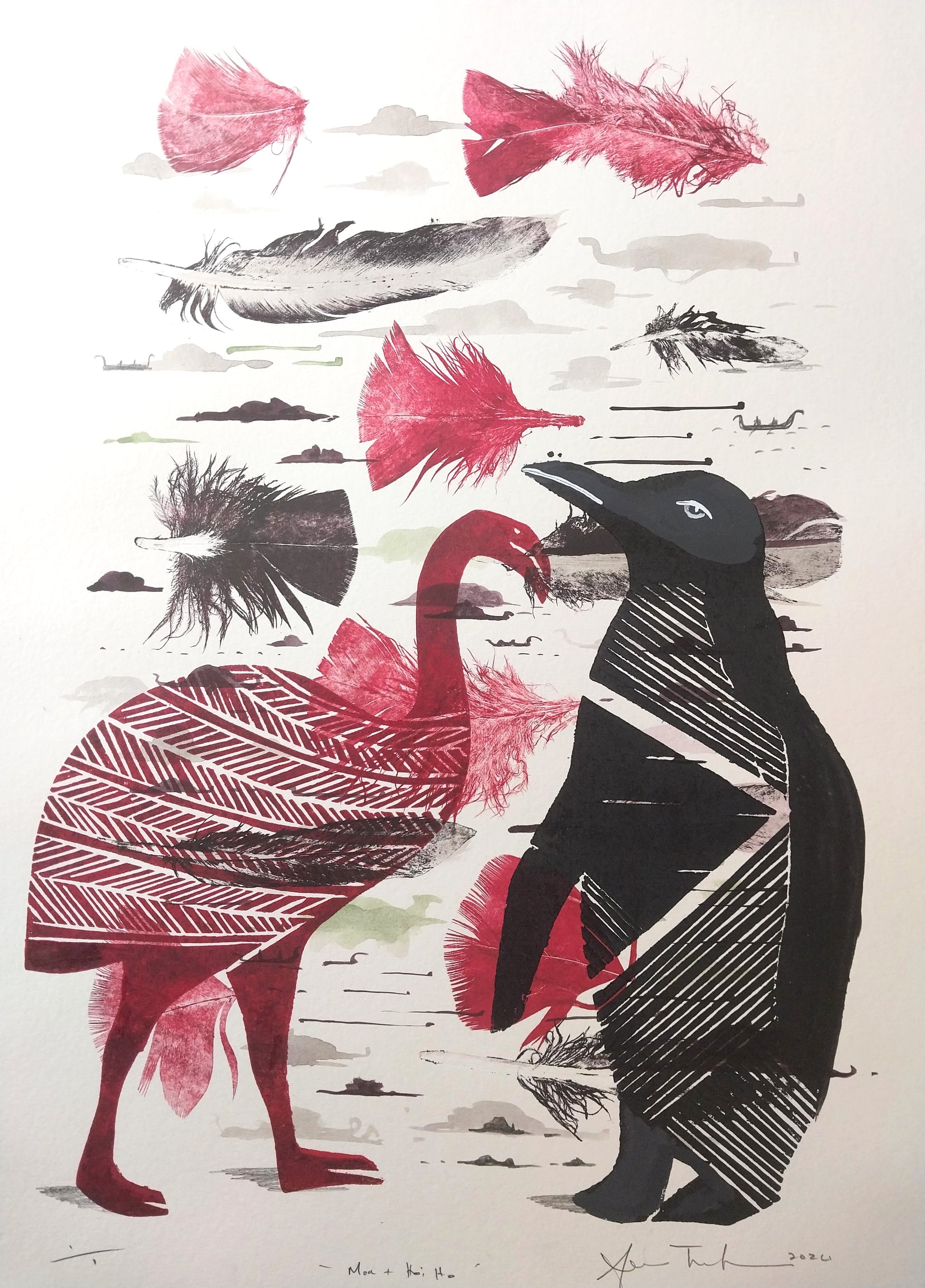 Moa And Hoi Ho by Sheyne Tuffery, Mono Relief Print