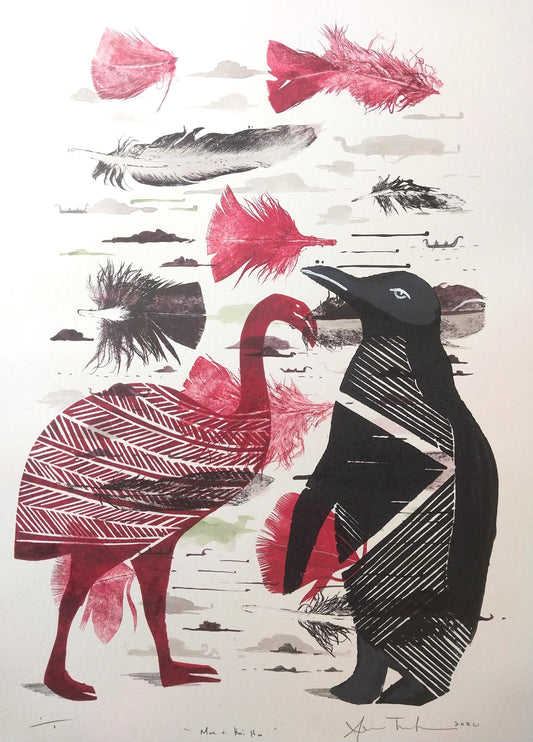 Moa And Hoi Ho by Sheyne Tuffery, Mono Relief Print