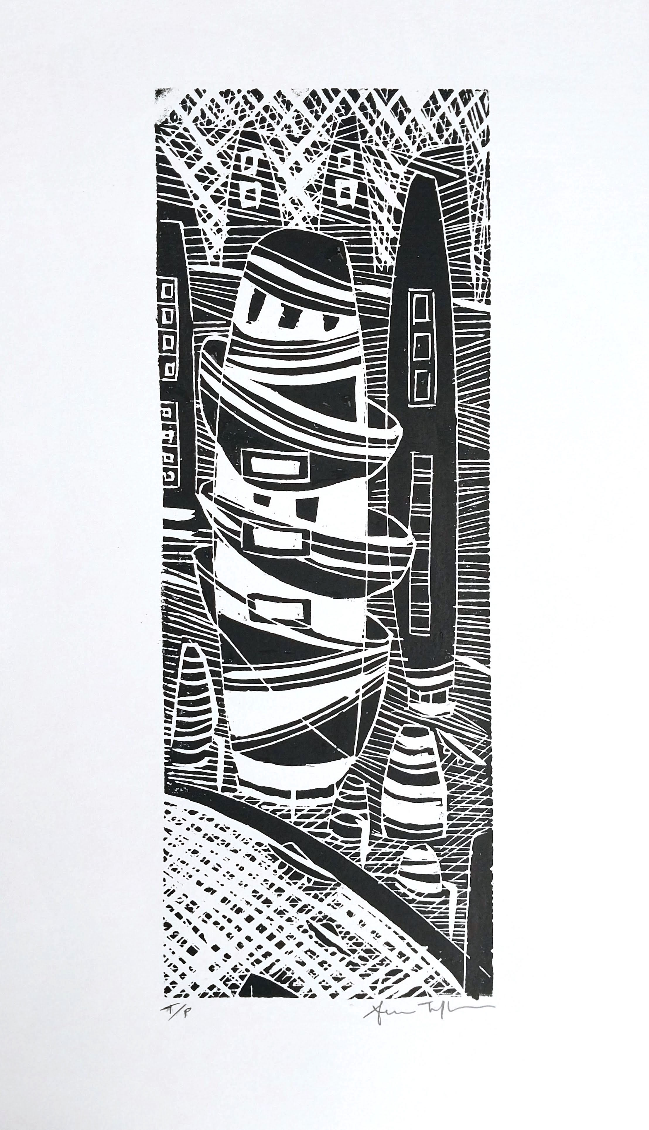 Mumbai (test proof) — woodblock print by Sheyne Tuffery.