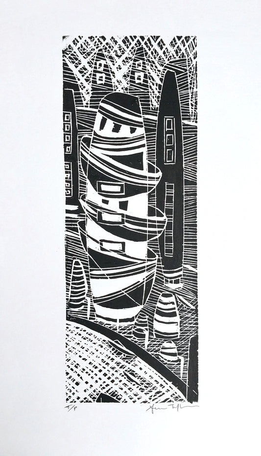 Mumbai (test proof) — woodblock print by Sheyne Tuffery.