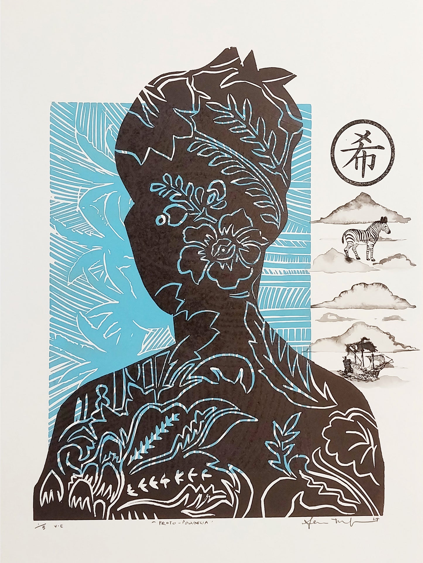 Portrait Proto-Polynesia — woodblock print exploring Pacific identity, by Sheyne Tuffery.