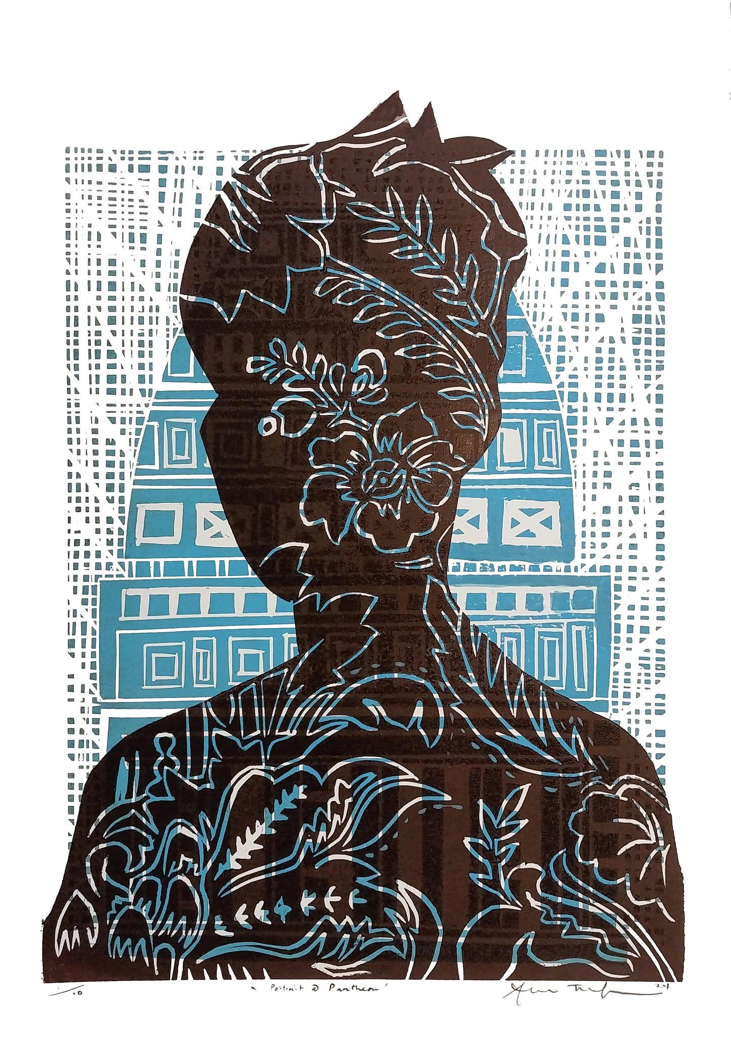 Portrait at the Pantheon — woodblock print merging Pacific identity with classical architecture, by Sheyne Tuffery.
