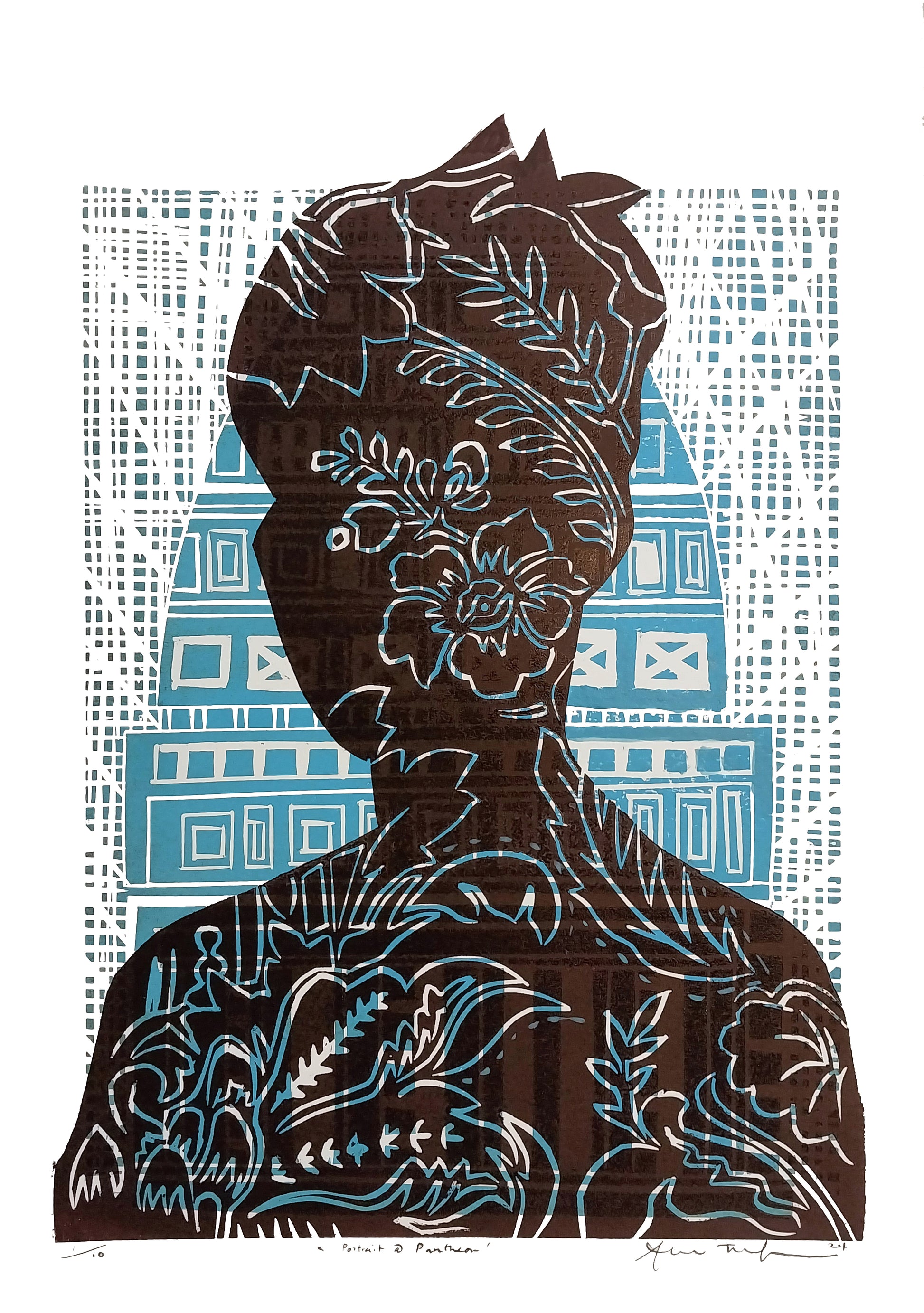 Portrait at the Pantheon — woodblock print merging Pacific identity with classical architecture, by Sheyne Tuffery.