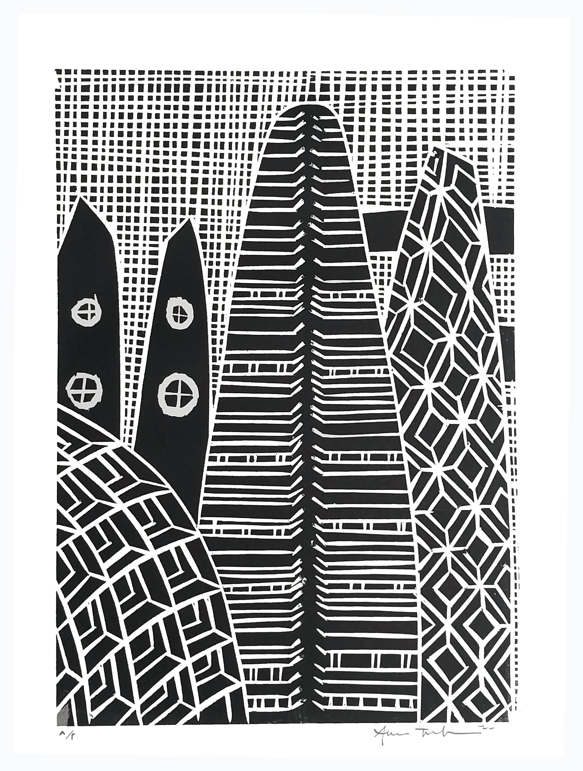 Structures 003 — woodblock print of Pacific architectural structure, by Sheyne Tuffery.