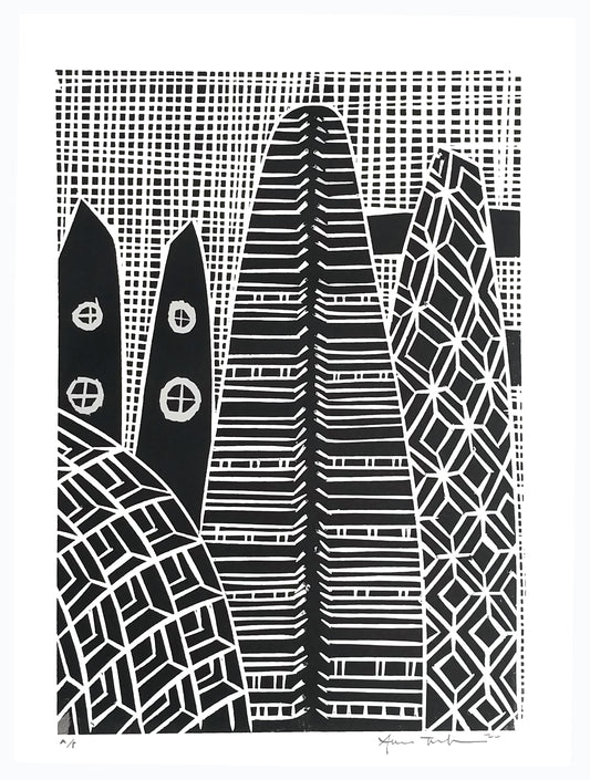 Structures 003 — woodblock print of Pacific architectural structure, by Sheyne Tuffery.