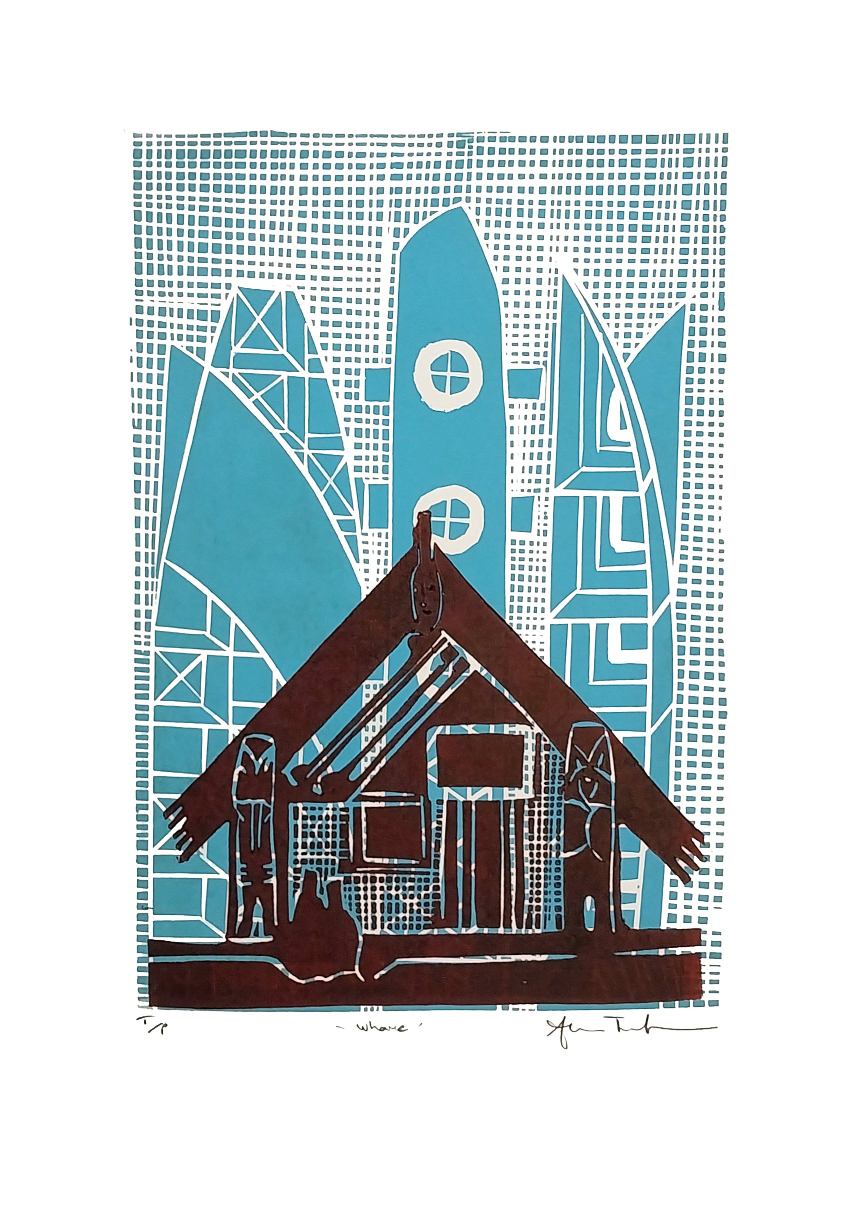 Whare — woodblock print of Pacific-inspired fale structure, by Sheyne Tuffery.