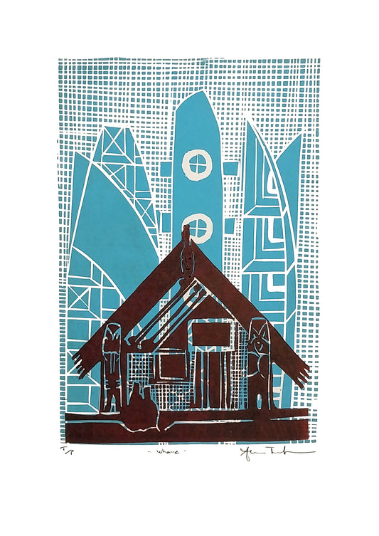 Whare — woodblock print of Pacific-inspired fale structure, by Sheyne Tuffery.