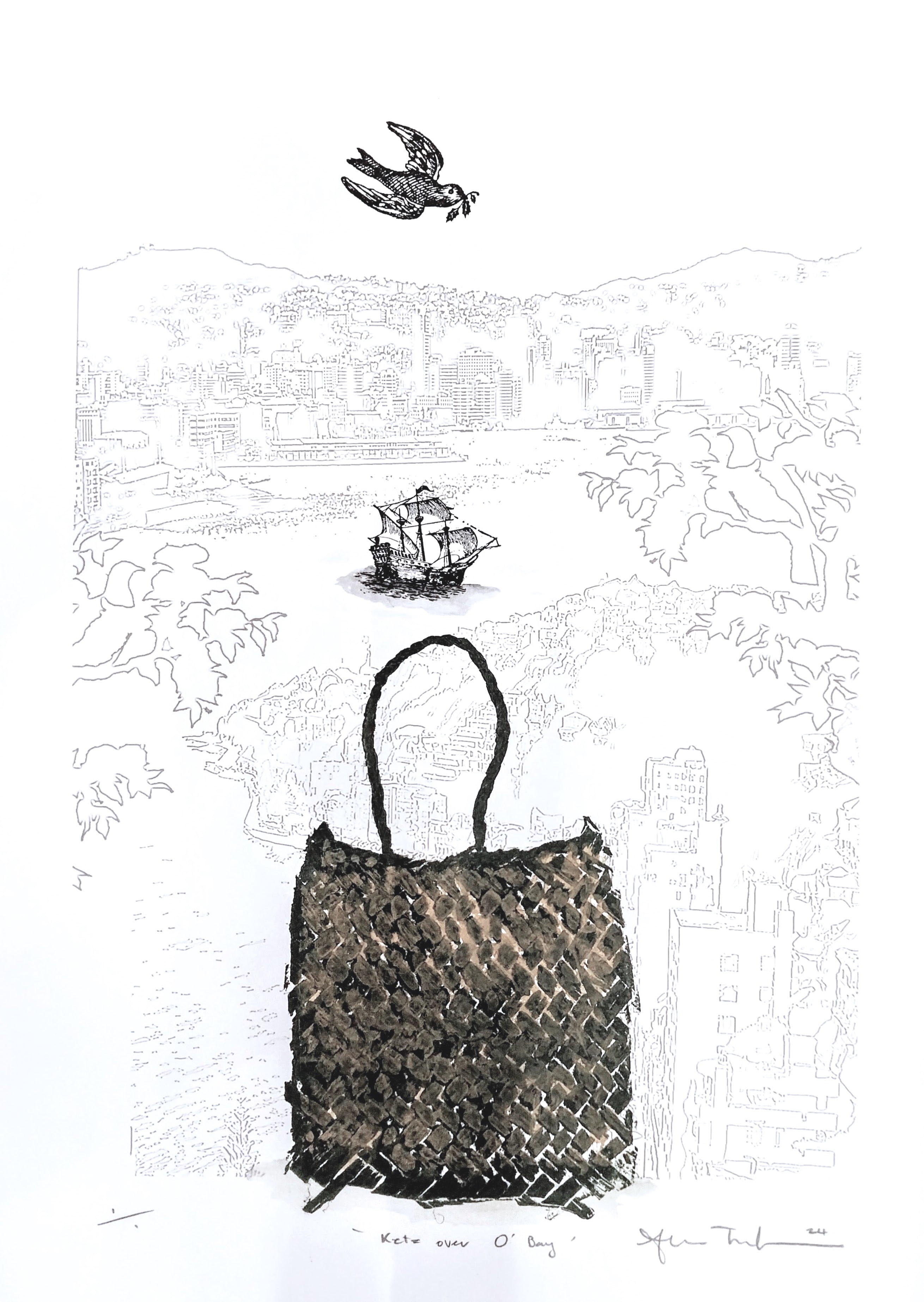 Kete on Oriental Bay — mixed-media work merging woven kete form with Wellington seascape, by Sheyne Tuffery.