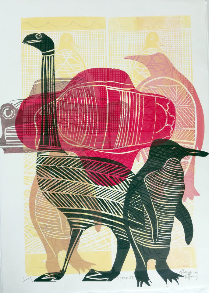 Search for Manumea — woodblock print referencing endangered Samoan tooth-billed pigeon, by Sheyne Tuffery.